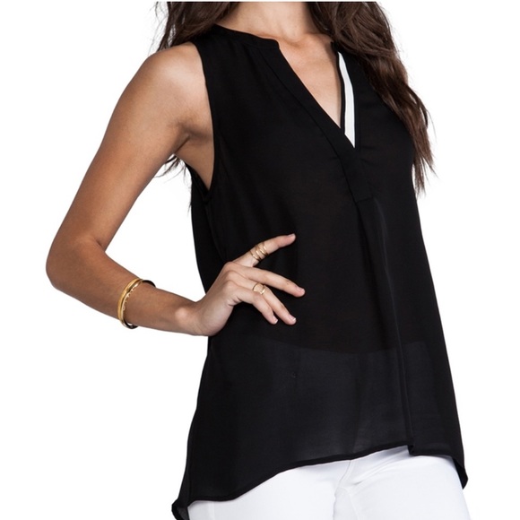 Joie Aruna Split Neck Silk Sleeveless Top Black & White Sheer Tank Top size XS - Picture 2 of 14